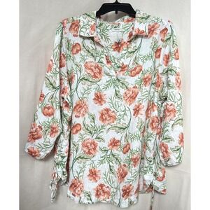 Joie 100% Linen Tropical Floral Henley Tunic Shirt 1X 3/4 Sleeve‎ Cream Resort
